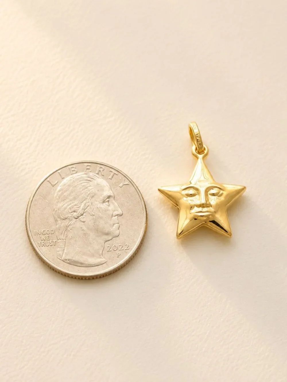 Real 14K Gold Star Pendant, Celestial Star Face Charm, Puffed Moon Star Necklace